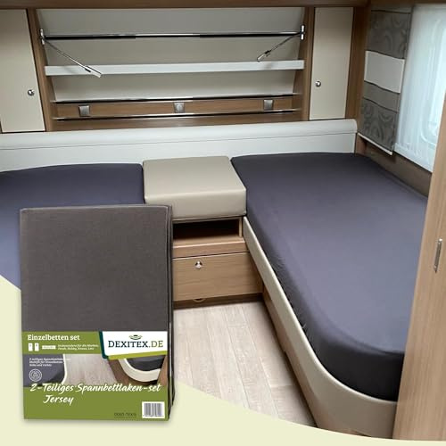 Dexitex - Spannbettlaken Wohnwagen Einzelbetten 2 teilig Set - für Fendt Wohnwagen - Antrazith - Spannbettlaken Wohnmobil Längsbett 2 Teilig - für Wohnmobil - OekoTEX 100% Baumwolle - 2er Set