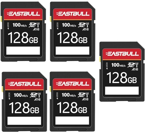 EASTBULL Paquete de 5 tarjetas SD de 128 GB U3 V30 SDXC a granel con 5 fundas | Tarjeta SD de 100 MB/s 128G Clase 10 Full HD para cámara (paquete de 5)