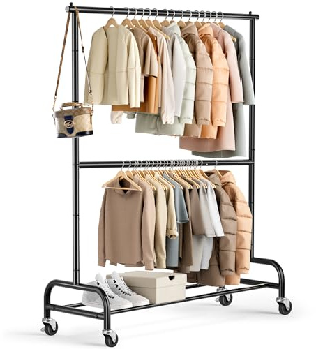 MISSLO Heavy Duty Clothing Racks for Hanging Clothes Rack Double Rod Garment Rack Rolling Closet Wardrobe Rack on Wheels, Metal, Adjustable, Black