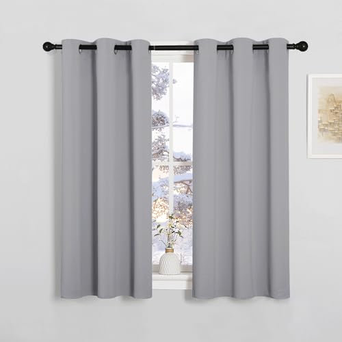 PONY DANCE Silver Grey Thermal Blackout Eyelet Curtains for Small Windows Kitchen Short Soundsproof Sunlight Blocking Curtains & Drapes for Kids Bedroom, W 34 x L 45, 2 Panels