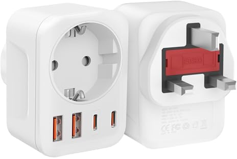 2 Stück Reiseadapter UK Adapter England Deutschland Stecker, 5-in-1 Steckdosenadapter England mit 1AC, 2USB-C, 2USB-A(3.4A), Reiseadapter typ g, UK Adapter für EU zu England/Irland/London/Malediven