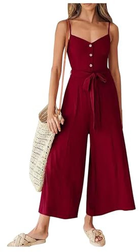 Azruma Hosenanzug Damen Festlich, Overall Damen Sportanzug Frauen Sommer Leinen V-Ausschnitt Ärmellose Flared Jumpsuit Mit Gürtel Jumpsuit Festlich Einweg Schutzanzug(Wein,XXL)
