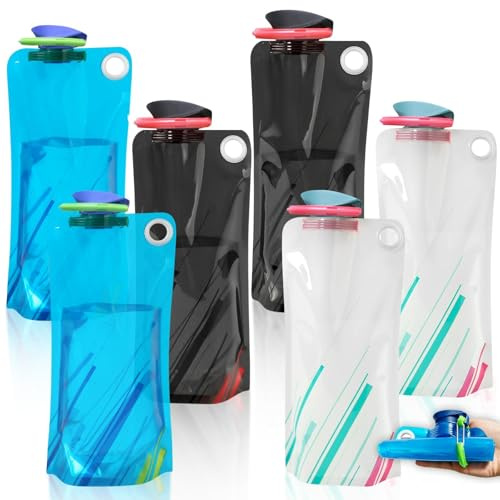 LMYEVYD 6 Stück Faltbare Wasserflaschen, 1000ml Faltbare Trinkflasche, Wiederverwendbare Wassersack mit Karabinerhaken, Trinkflaschen set mit Schraubverschluss für Wandern, Abenteuer, Reisen, Fitness
