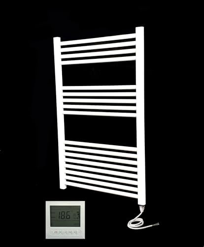 Greened House Milano White Flat Electric Towel Rail W600mm x H1000mm Flat Electric Towel Radiator (600 W x 1000 H + 7 Day Timer/Thermostat)