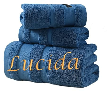 HDLOVE Personalisiertes 3er Set Handtücher Mit Namen Oder Wunschtext Bestickt, 3 Verschiedene Größen: 180x90 cm, 35 X 73 cm Und 35 X 35 cm，Weiche Baumwolle Für Bad, Küche & Dusche(Blue)
