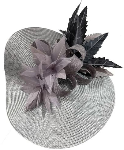 Yeuyyben Fascinator für Damen, Haarnadel, für Hochzeit, Cocktail, Kirche, Hüte, elegante Fedora-Dame, ausgefallene Blumenkopfbedeckung, grau, 1 count (Pack of 1)