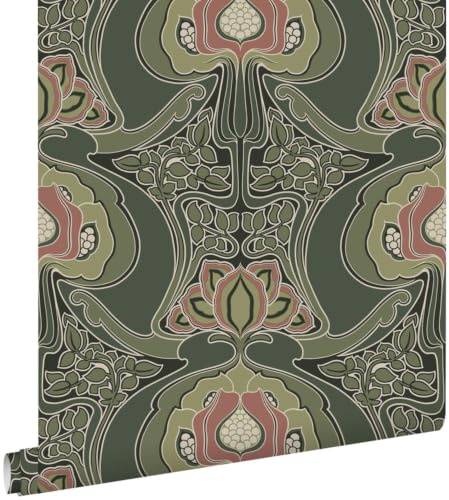 papier peint fleurs vintage de style art nouveau vert foncé 53 cm x 10.05 m - ESTAhome