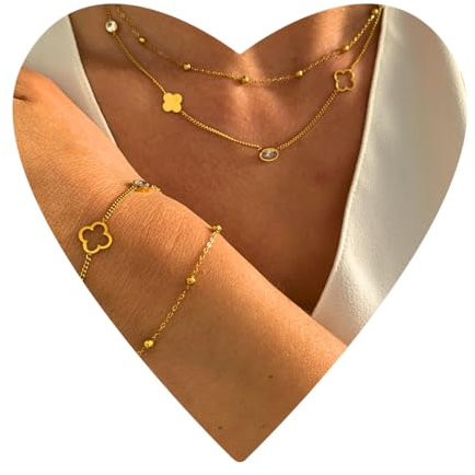 NataschaWoge® Kleeblatt doppelte minimalistischer Schmuck EDELSTAHL Gold Silber Kette Halskette Choker Geschenk für Sie Goldkette (Silber Ohrringe)
