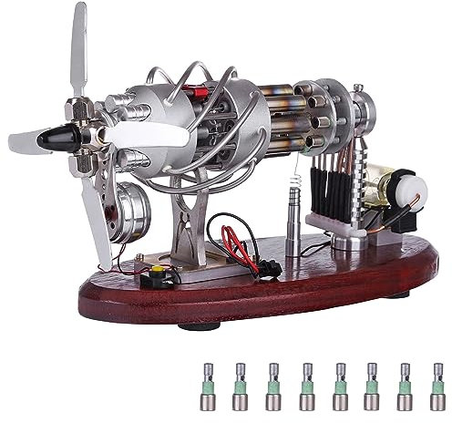ToyGhillied Stirling Engine Model, 16 Zylinder Quarzglas-Heißluft-Stirlingmotor Modell mit LED Licht und Digitales Spannungsmessgerät, fürTechnikbegeisterte und Erwachsene