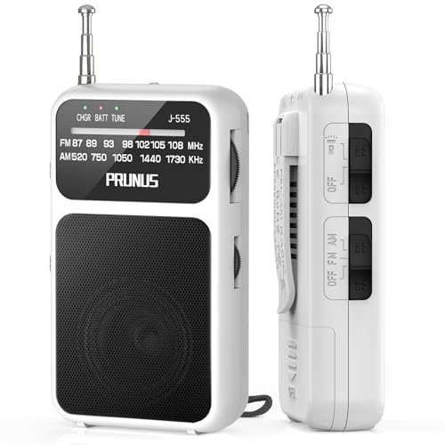 PRUNUS J-555 Radio Portatile Ricaricabile, Mini Radiolina Portatile FM/AM Supporta Batterie Sostituibili (AAA), con Jack/Clip Posteriore, per Camminare, Correre, Pescare (Bianco)