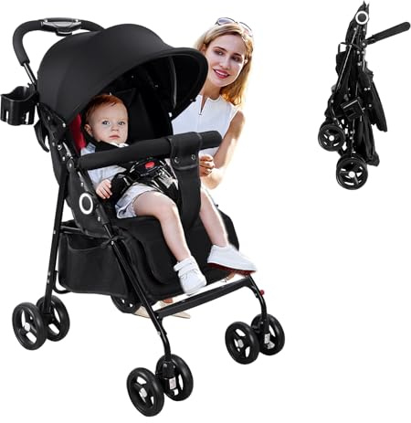 Vinteky Kinderwagen Buggy Kinderbuggy klappbar Sportwagen Faltbar 360° 4-Zoll-Räder, mit Liegefunktion 5-Punkt-Sicherheitsgurt ab 6 Monate 25kg Großer Korb Schwarz