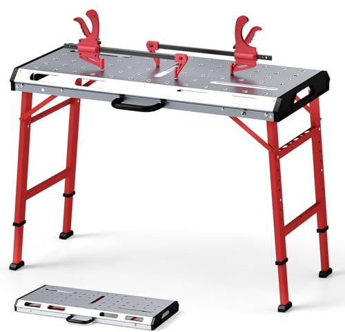 GYMAX Werkbank klappbar 107 x 62 x 93,3 cm, Schweißwerkbank bis zu 450 kg belastbar, höhenverstellbarer Schweißtisch mit Stangenklemmen & Tragegriff, Arbeitstisch für Garage