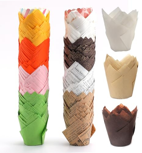 300 Sheet Tulip Cup Cake Cases for Baking, Colorful Muffin Paper Cases Greaseproof Parchment Baking Cups Cupcake Liners Tulip Muffin Wrapper for Wedding, Christmas Parties, 11 Colours