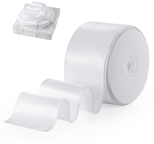 FAKILO Geschenkband Satinband mit Draht 63 mm x 18 m Schleifenband Weiß Drahtband dient als Geschenkband, Christbaumband, Schmuckband für Kränze, Bastelband und Hochzeitsband