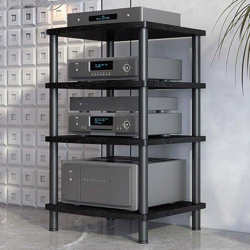 JIAOCKJIAO Wooden Media Stand, Open Audio Rack with Carbon Steel Frame, Modern TV Stand, AV Stereo Cabinet with Ample Storage, Shelf for Receiver, DVD Player, Projector(Black,4 tier 60x54x89CM)