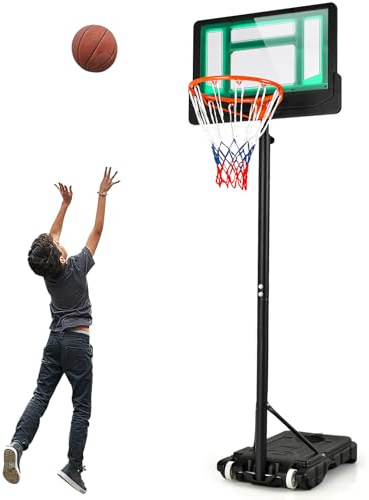 GYMAX Panier de Basket Extérieur, Hauteur Réglable de 90 à 210 CM | Mobile avec Roulettes, Base Stable Remplissable d’Eau ou de Sable, Panneau Résistant, Poteau en Métal, pour Enfants