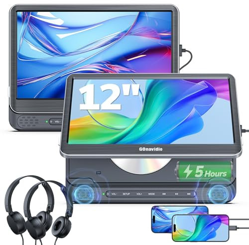 GOnavidio 12 HDMI Double Lecteur DVD Voiture indépendant, Lecteur DVD Portable avec 5 Heures Batterie,ecrans Voiture supporte la Carte USB/TF, MKV/MP4 (Noir)