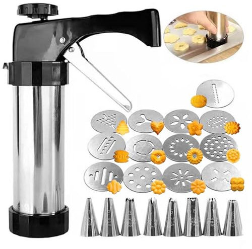 Rixotix Pressa per pasticceria, pressa per biscotti, in acciaio inox con 13 stencil e 8 beccucci, siringa da forno, in acciaio inox, pressa per patate, pasticceria a spruzzo