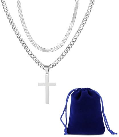 ARWIG 2 piezas de collares para hombre, collar de cruz, cadena de plata para hombre, cadena de serpiente para hombre, joyería para hombre, cadena cruzada para hombre y niño (20 in/22 in)