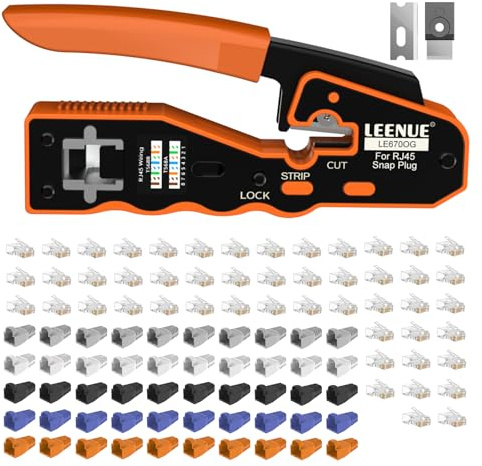 LEENUE RJ45 Crimp Tool Kit, Pass Through Cat7/6/5 Ethernet Crimping Tool, | 3-in-1 RJ45 Connectors with 50Pcs Covers and 50Pcs Connectors