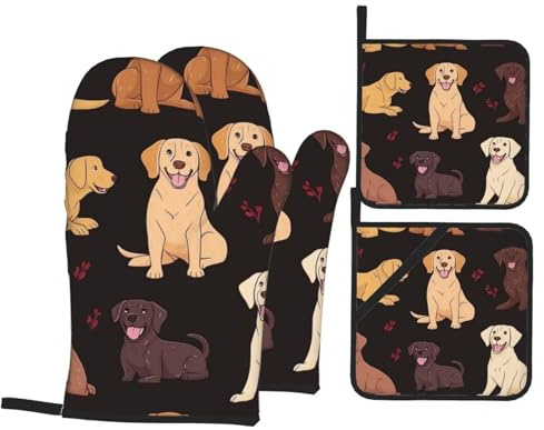 4 Pcs Chocolate Labrador Retriever Dog Oven Mitts and Potholders,Kitchen Oven Glove with Pot Holders,Non-Slip Gloves High Heat Resistant 500 Degree for BBQ, Grill, Baking, Cooking, Oven, Microwave
