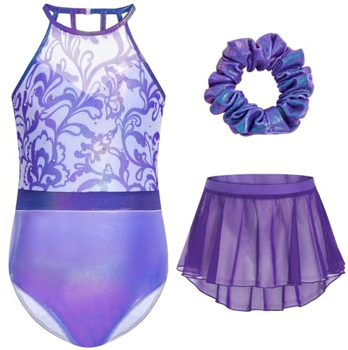 Gogokids Conjunto de 3 leotardos de ballet para niñas, leotardo de gimnasia halter con diamantes de imitación y falda extraíble