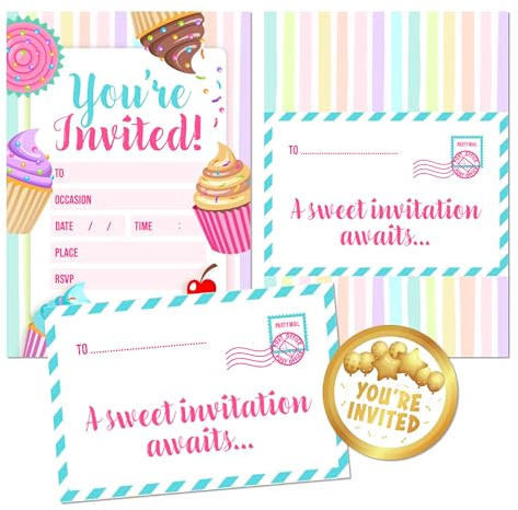 Kirsten McMillan 36 Cupcake Birthday Party Invitations for Kids - Pack of 36 Cupcake Party Invites for Girls & Boys - Designed and Printed in the UK