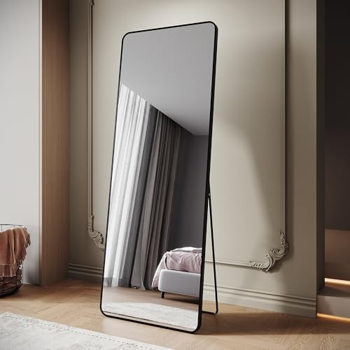 SIRHONA Miroir sur Pied 160x60cm, Miroir Pleine Longueur avec Cadre en Aluminium, Montage Suspension ou Placerr, Antichute, Noir avec Support
