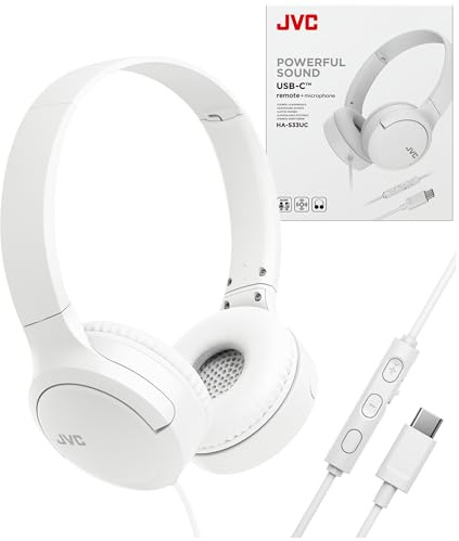 JVC Casque supra-auriculaire filaire USB-C avec microphone - Port confortable toute la journée, appels clairs, son riche - Pliable et léger - Câble unilatéral sans enchevêtrement - Idéal pour les jeux