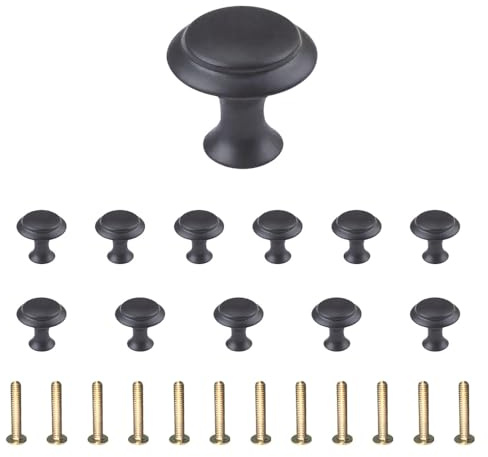 ZSUIQIN 12 Stück Möbelknöpfe Schwarz, Runde-Matt Schrankknöpfe, Edelstahl Einlochgriff mit Schrauben, 27mm Schubladenknopf für Schublade, Schrank, Möbel, Küchenschränke, Kleiderschrank