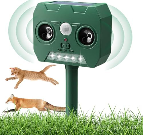 Cat Repellent for Gardens UK Ultrasound and LED Flash Fox Infrared PIR Motion Activated Repeller Solar Battery Operated Animal Cat Deterrents Ultrasonic Cat Scarer Waterproof Outdoor with Ground