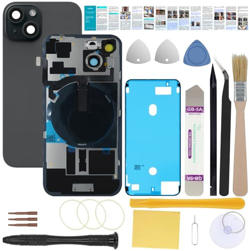 UooFide Back Cover Glass Replacement Compatible with iPhone 15 6.1-Inches All Carriers with Pre-Installed Plate +Wireless Charging Coil Flex Cable +Flashlight +Microphone +Camera Frame (Black)