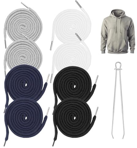 Giantree 8 stycken snöre för joggingbyxor, snöre för huvtröja, dragsko med dragnål, snörstängning i metall, 150 cm snörband för huvtröja, sportbyxor, tröjor, jackor (svart, mörkblå, vit, grå)