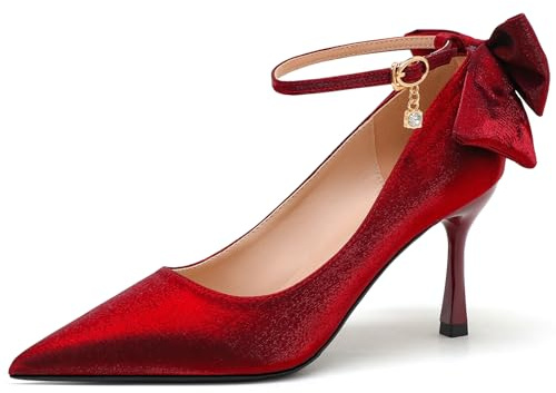 Silke bröllop klackar med ryggbåge och kristallhänge ankelrem 5 cm stilett satin pumps halkfri sula brudskor, Vinröd, 41 EU