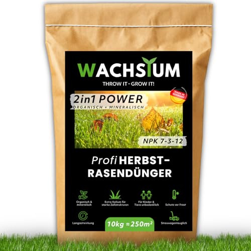 Rasendünger 10kg Herbst, organisch mineralisch, Kalium Dünger für starke Wurzeln macht den Rasen winterfest mit Langzeitwirkung, Profi Nährstoffformel, Herbstrasendünger, 2in1 Power, WACHSTUM, Turbo