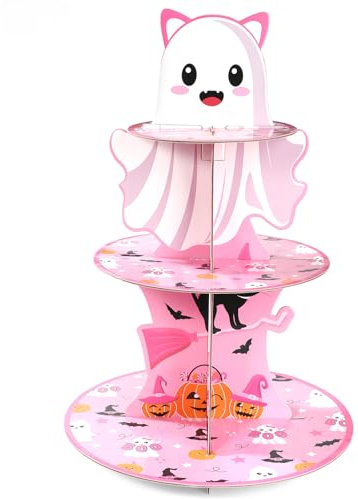 Goktvai Alzata per Torta di Halloween, Torre Cupcake in Cartone Rosa a 3 Livelli Vassoio Dessert a Forma Fantasma per Feste di Halloween Tema Strega Compleanno Baby Shower