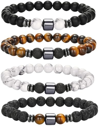 Bracelet de perles pour hommes ensemble de bracelets de perles en pierre naturelle de 8MM 4 pcs Bracelet Pierre Naturelle Homme bracelets extensibles en pierre cadeaux pour hommes (Ensemble B)