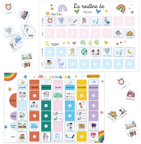 2pcs Planning Semaine pour Enfants et Planning Journalier pour Enfants,118pcs Français enfants Routine d'Activités Quotidienne,Tableau Routine enfant Calendrier Enfant