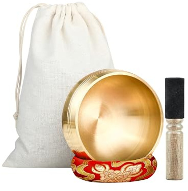 Tibetische Klangschalen Set - Klangschale Ø8 cm, Messing, Handgefertigt, inkl. Holzklöppel und Unterlage, für Meditation, Yoga, Entspannung und Klangtherapie