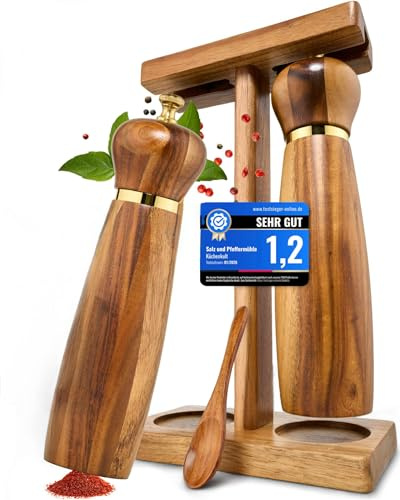 Salz und Pfeffermühle aus Holz mit Halter (Schwebend) | Gewürzmühlen mit hochleistungs - Keramikmahlwerk | Geschenkeidee für alle Anlässe | Pfeffer und Salzmühle Set | Salzstreuer | Küchenkult