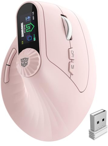 Transformers Vertical Ergonomic Mouse with LED Screen & Knob Control, Rechargeable Vertical Mouse Wireless, 3-Device Connectivity (2.4G + Dual Bluetooth), Computer Mice for PC/Mac/Laptop, Pink