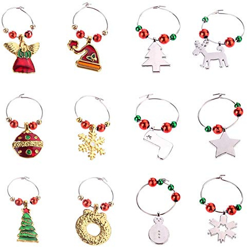 COSORO 12Pcs Xmas Wine Charms,Christmas Wine Glass Marker Drink Markers-Handmade Multi Colour Wine Glass Charms for Christmas Party Bar Table Decorations