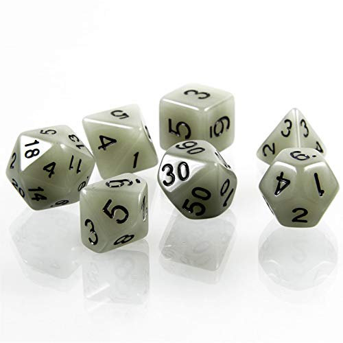 shibby 7 polyedrische leuchtende Würfel für Rollen- und Tabletopspiele in weiß mit Beutel