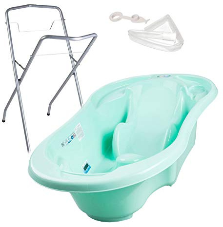 Baignoire bébé avec réducteur et thermomètre intégrés Vert + Pied + Tuyau