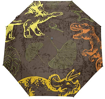 Kunst Gelb Orange Dinosaurier Regenschirm Auf-Zu Automatik UV-Schutz Taschenschirm Winddichter Umbrella Klein Leicht Schirm Kompakt Schirme für Jungen Mädchen Reise Strand Frauen