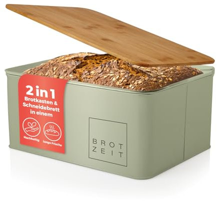 Lumaland Cuisine Cestino per il pane | Scatola per il pane in metallo con coperchio in bambù | Scatola per il pane rettangolare 30,5 x 23,5 x 14 cm | 2in1 Cestino per il pane e tagliere [Verde Menta]