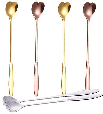 Juego De 6 Cucharas De Mango Largo,Saijer Cucharas De Acero Inoxidable Forma De Corazón Para Café Latte Espresso Chocolate Caliente Bebidas Calientes Postres Oro rosa oro plata