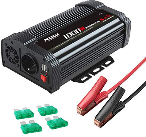 NDDI POWER 1000W Car Wechselrichter, 12V DC auf 230V AC Spannungswandler mit Dual-USB-Anschluss, Wechselrichter beim Camping, im Auto, auf Booten oder RV, Laden Sie Ihr Laptop, iPhone, Tablet, Mehr
