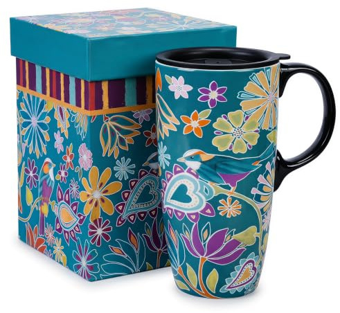 DUSVALLY Ceramic Travel Mug with Lid, 500ml/17oz Large Coffee Mug | Colourful Botanical Floral Design, Microwave & Dishwasher Safe, Gift Box Included
