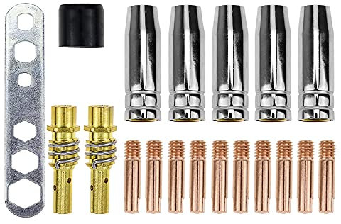 Verschleißteile Set passend MIG/MAG MB15 | 20 Teile | für MB 15AK Drahtdurchmesser 0,8 mm | 5 x Gasdüse | 2 x Düsenstock | 10 x Stromdüse M6 0,8mm | 2 x Isolator | 1 x Werkzeug